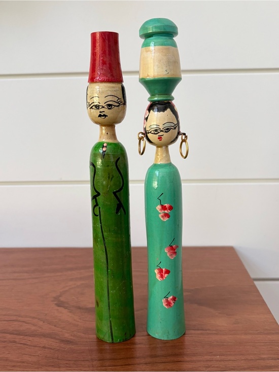 Other - Vintage Egyptian Folk Art Wooden Handmade Painted Decorative Spindle Dolls Pair